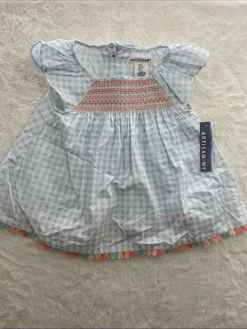 SALE! NWT Artisan NY Girls Blue Gingham Smocked Top with White Shorts Size 5T